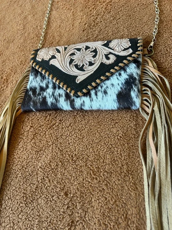 Fringed Leather and Cowhide Handbag with Floral Embossing - Picture 1 of 6